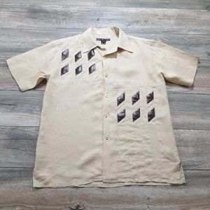New Gen Mens L Linen Short Sleeve Dress Casual Vinyl Inlay Party Beach Style Tan